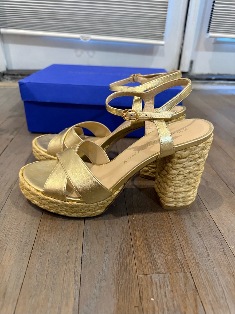 Stuart Weitzman Metallic Gold Braided Platform Sandals with Ankle Strap